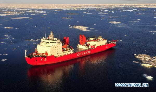 Photo taken on July 26, 2010 on Dolphin Helicopter shows China's icebreaker 'Xue Long', or 'Snow Dragon', sailing in the Arctic Ocean at 72 degrees of north latitude and 154 degrees of west longitude. 