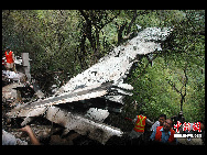 The photo shows debris from a commercial Pakistani passenger plane lying scattered amid shrubbery in hills near the capital, Islamabad, July 28, 2010. A total of 152 people were confirmed to have been killed in a plane crash that occurred July 28 morning in the Margalla hills in the Pakistani capital Islamabad.[Chinanews.com]