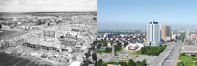 The photos shows both the sights of Tangshan right after the 7.8-magnitude earthquake in 1976 and nowadays. [Xinhua file photo]