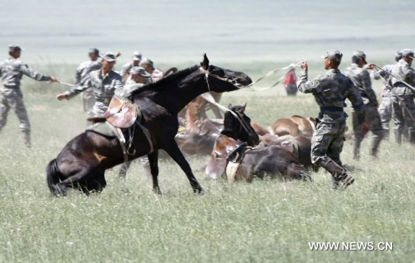 Cavalry men have a military training on Xilingol grassland, north China's Inner Mongolia Autonomous Region, July 31, 2010, to greet the upcoming 83rd anniversary of the founding of the People's Liberation Army (PLA) that falls on August 1.