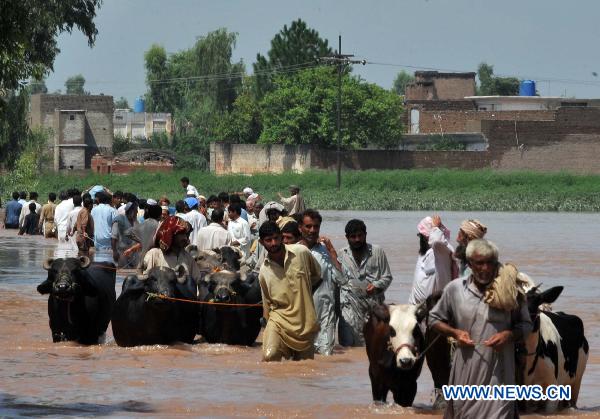 People migrate with their belongings as their houses were flooded following heavy monsoon rains in northwest Pakistan's Pabbi, on July 31, 2010.