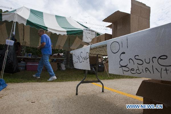 Donation of household cleaning products are gathered at a community collection site organized by Enbridge to aid in the cleanup of oil-stricken animals, in Marshall, Michigan, the United States, July 31, 2010.