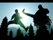 Two Shaolin monks perform Shaolin Kung Fu in Dengfeng, central China's Henan province, on July 30, 2010. [Photo/Xinhua]