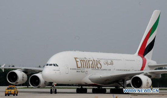 Emirates Airlines' A380 passenger plane of the United Arab Emirates (UAE) arrives at Capital International Airport in Beijing, capital of China, on Aug. 1, 2010. Emirates Airlines launched its first A380 service in China, flight EK306/307 between Dubai and Beijing on Sunday. [Photo: Xinhua]