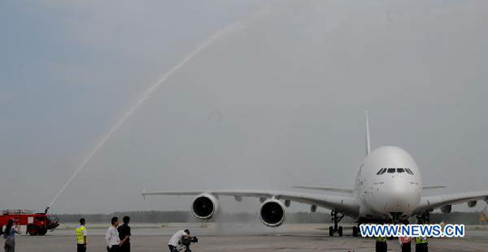 Emirates Airlines' A380 passenger plane of the United Arab Emirates (UAE) arrives at Capital International Airport in Beijing, capital of China, on Aug. 1, 2010. Emirates Airlines launched its first A380 service in China, flight EK306/307 between Dubai and Beijing on Sunday. [Photo: Xinhua]