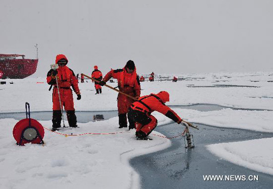 Chinese expedition team members test the temperature and salinity of water on the ice in the Arctic Ocean, Aug. 2, 2010. [Photo: Xinhua]