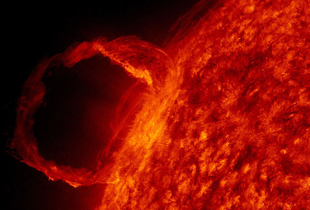 British scientists warned that a mighty eruption of superhot plasma blasted out of the sun could hit the earth as early as Tuesday.[NASA]