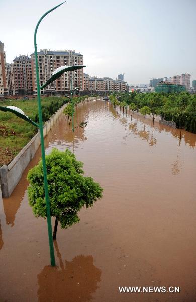 Photo taken on Aug. 5, 2010 shows the flooded street in Xinyu, east China&apos;s Jiangxi Province, after heavy rainstorms. [Xinhua] 