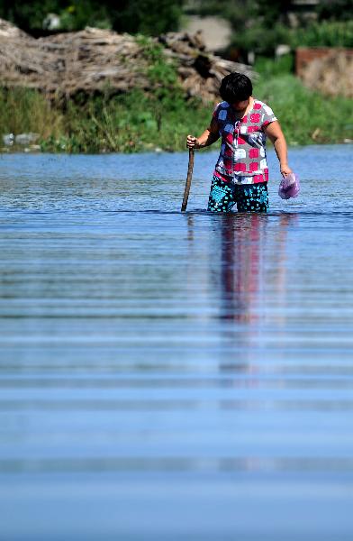 Local villager Zhang Guichun walks on a flood-ravaged road at a village in Tongjiangkou Township, Tieling City, northeast China&apos;s Liaoning Province, Aug. 6, 2010. Torrential rains caused floods in farmlands of Changtu County of Tieling City. Twenty thousands people were affected by the floods. [Xinhua] 