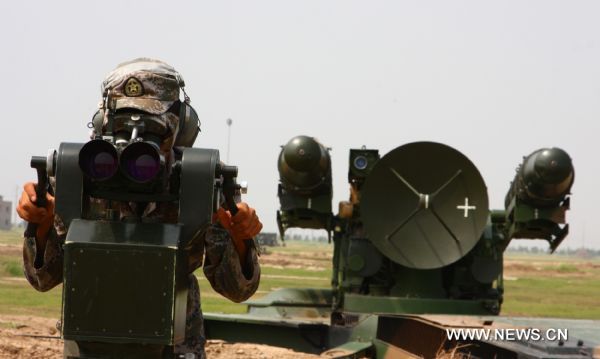 Photo taken on Aug. 7, 2010 shows a soldier making observation in the military exercise coded 'Vanguard-2010' in east China's Shandong Province. The five-day long air defense military exercise, the largest-scaled of its kind with over 12 thousand troops mobilized, comes to an end on Saturday. [Ji Liangyan/Xinhua]