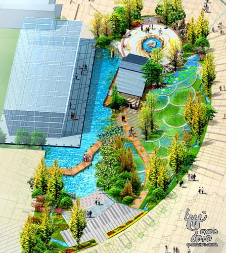 A birds-eye-view of the Chengdu Case Pavilion, a miniature version of Chengdu&apos;s Living Water Park. With a small ecosystem to purify river water, visitors can see how the ecosystem transforms polluted water into clean, pure water. [expo2010.cn]