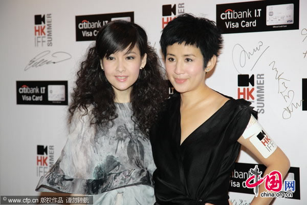 Cast members Vivian Chow (left) and Sandra Ng promote the film 'All about Love' in Hong Kong on Wednesday, August 11, 2010.