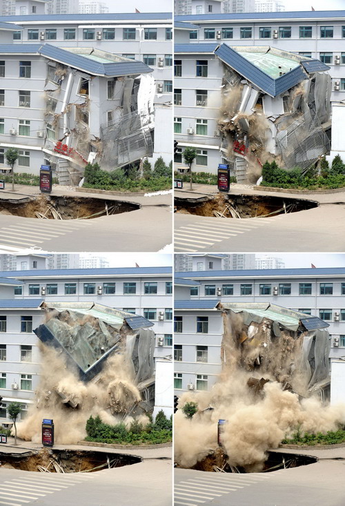 A combination photo shows the collapse of a building at Shanxi Provincial people&apos;s Hospital on Shuangta East Street in Taiyuan, capital city of North China&apos;s Shanxi province on August 12, 2010.[Xinhua]