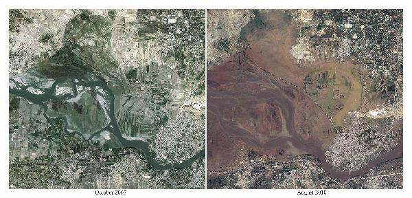 A combination of satellite images shows Nowshera, Pakistan, and the surrounding area in October 7, 2007 (L), and on August 5, 2010 (R), after the surrounding area became flooded as captured by DigitalGlobe satellite and released to Reuters on August 13, 2010. Floods, triggered by torrential monsoon downpours, have engulfed Pakistan's Indus river basin, killing more than 1,600 people, forcing two million from their homes and disrupting the lives of 14 million people, or 8 percent of the population.