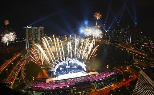Photo taken on Aug. 14, 2010 shows the general view of the opening ceremony of the inaugural Youth Olympic Games (YOG) in Singapore. [Xinhua]