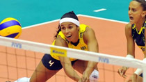 Paula Pequeno of Brazil saves a ball during the match against China at the 2010 FIVB World Grand Prix women's volleyball tournament in Macao, south China, Aug. 16, 2010. Brazil beat China 3-0 and won the champion.