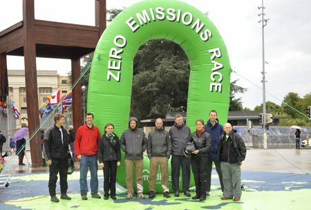 Participants in the 'Around the World in 80 Days' trip take photos in the United Nations Plaza in Geneva, Switzerland, on August 16, 2010.