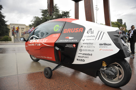 The photo shows the electric vehicle Zerotracer from Switzerland, which will be part of the 'Around the World in 80 Days' trip starting from Geneva, Switzerland, on August 16, 2010. 