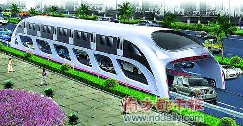 A Shenzhen company has developed a decidedly odd-looking, extra-wide and extra-tall vehicle that can carry up to 1,200 passengers, takes up no road space and is partly solar powered. Called the 'straddling bus,' by Shenzhen Huashi Future Parking Equipment, it resembles a train and runs along a fixed route - but it requires neither elevated tracks nor extensive tunneling.