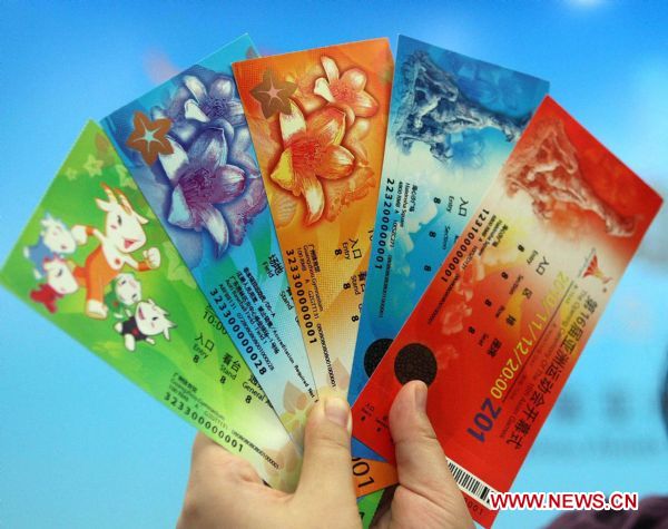 Photo taken on Aug. 18, 2010 shows the ticket samples for the Guangzhou Asian Games in Guangzhou, capital of south China's Guangdong Province, on Aug. 18, 2010. The Guangzhou Asian Games Organizing Committee (GAGOC) unveiled the ticket designs of the Games during a press conference on Wednesday. (Xinhua/Liu Dawei) (zc) 