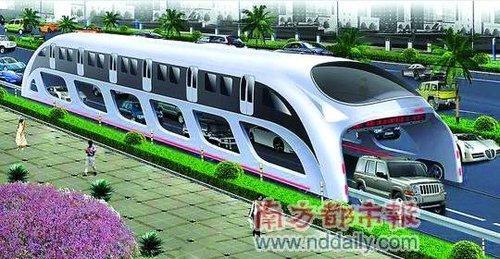 A Shenzhen company has developed a decidedly odd-looking, extra-wide and extra-tall vehicle that can carry up to 1,200 passengers, takes up no road space and is partly solar powered. 