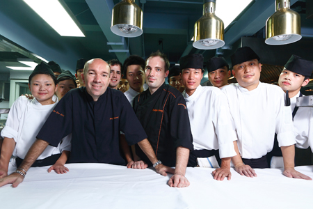 The cooking team. (Top) moules tapas. Photo: Courtesy of Maison Pourcel 