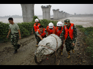 Workers take away luggages and belongings of passengers from a damaged carriage off the Baoji-Chengdu Railway in Xiaohan Township of Guanghan city, southwest China's Sichuan Province, Aug. 20, 2010. The railway between Baoji, a city of China's Shaanxi Province, and Chengdu, capital of China's Sichuan Province, was reconnected Friday by an alternative railway though a railway bridge on its Guanghan part was destroyed by floods on Thursday. [Jiang Hongjing/Xinhua]