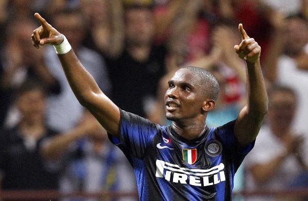 Inter Milan's Samuel Eto'o celebrates after scoring against AS Roma during their Italian Supercup soccer match at the San Siro Stadium in Milan, northern Italy, August 21, 2010. 