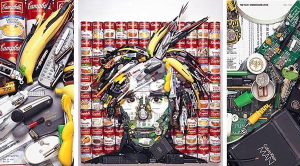 A trash mosaic portrait of Andy Warhol by San Francisco-based artist Jason Mecier. [CRI]
