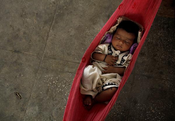 Three-month-old Nasiba sleeps in a hammock while taking refuge from the flood with her family in a classroom in Sukkur, in Pakistan&apos;s Sindh province August 25, 2010.[Xinhua]