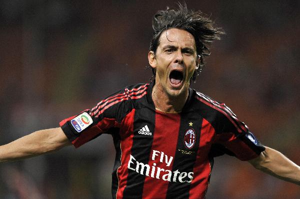 AC Milan forward Filippo Inzaghi celebrates after scoring during the Serie A soccer match between AC Milan and Lecce at the San Siro stadium in Milan, Italy, Sunday, Aug 29, 2010. AC Milan won 4-0.