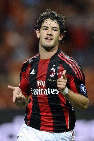 AC Milan Brazilian forward Pato celebrates after scoring during the Serie A soccer match between AC Milan and Lecce at the San Siro stadium in Milan, Italy, Sunday, Aug 29, 2010.