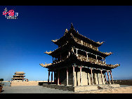 Jiayuguan or Jiayu Pass, literally 'Excellent Valley Pass', is the first pass at the west end of the Great Wall of China, near the city of Jiayuguan in Gansu province. Among the passes on the Great Wall, Jiayuguan is the most intact surviving ancient military building. The pass is also known by the name the 'First and Greatest Pass Under Heaven'. [Photo by Yang Jia]