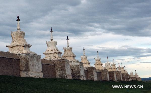 The picture taken on Aug. 12, 2010 shows some of the stupas at Karakorum, the ruined ancient capital of Mongolia. Karakorum locates some 360 kilometers west of Ulan Bator, capital of today's Mongolia. The ruined capital was built in the early 13th century by Ogadai, son of Genghis Khan, but was later destroyed by war. [Xinhua/A Sigang]