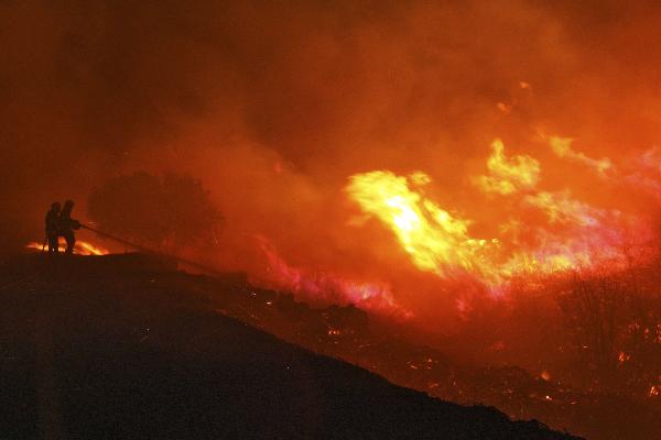 Firefighters attempt to extinguish a fire burning in the scrubland and pine forests between Arras and Teyran near Montpellier, in Herault region, southern France, August 31, 2010. [Xinhua/Reuters]