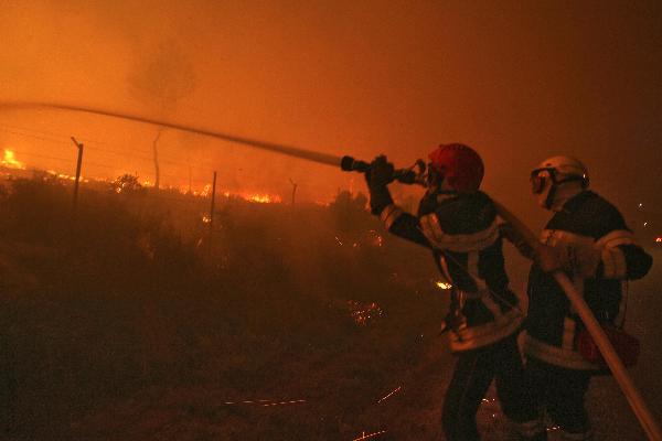 Firefighters attempt to extinguish a fire burning in the scrubland and pine forests between Arras and Teyran near Montpellier, in Herault region, southern France, August 31, 2010. [Xinhua/Reuters]