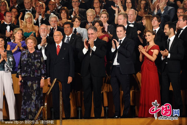 (L to R) Giorgio Napolitano and wife Clio, Rocco Buttiglione, Darren Aronofsky, Natalie Portman, Benjamin Millepied and Vincent Cassel at the opening ceremony of the 67th Venice International Film Festival.