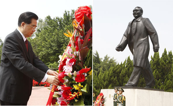 President Hu Jintao lays a wreath in front of the statue of former leader Deng Xiaoping, the architect of China's reform and opening up, in Shenzhen on Monday. Hu delivered a keynote speech hailing the southern economic powerhouse as China marked the 30th anniversary of the establishment of the country's first special economic zone. [Photo by Li Xueren / Xinhua]