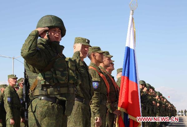 Chinese soldiers participate in the opening ceremony of the second phase of the joint anti-terror drills of the Shanghai Cooperation Organization (SCO), at the Matybulak range near the largest Kazakh city of Almaty on Sept. 13, 2010. The exercises, dubbed &apos;Peace Mission 2010,&apos; entered the second phase on Monday. [Wang Jianmin/Xinhua] 