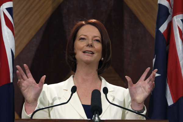 Australia's Prime Minister Julia Gillard speaks at a news conference in Melbourne Aug. 22, 2010. [Xinhua]