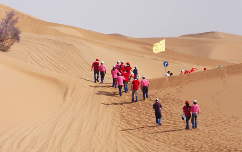 Visually impaired people (in pink) go hiking in the Tengger Desert with the help of volunteers (in red) in northwest China&apos;s Ningxia Hui autonomous region on Sept 13, 2010. A group of 21 visually impaired Chinese joined an excursion into the desert in a project to involve more disabled people in outdoor activities. [Xinhua]