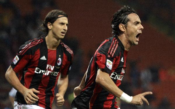 AC Milan's Filippo Inzaghi celebrates after scoring against Catania during their Italian Serie A soccer match at the San Siro stadium in Milan September 18, 2010. AC Mlian ties with Catania 1-1.(Xinhua/Reuters Photo)