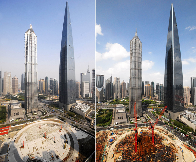 Combo Photo shows the site of Shanghai Tower before construction on Nov. 27, 2008 (L), and under construction on Sept. 20, 2010 (R), in Shanghai, east China. As the highest building in design in Chinese mainland, the 632-meter, 128-floor skycraper dubbed Shanghai Tower just broke ground recently. The building will be completed and put into use in 2014. [Xinhua] 