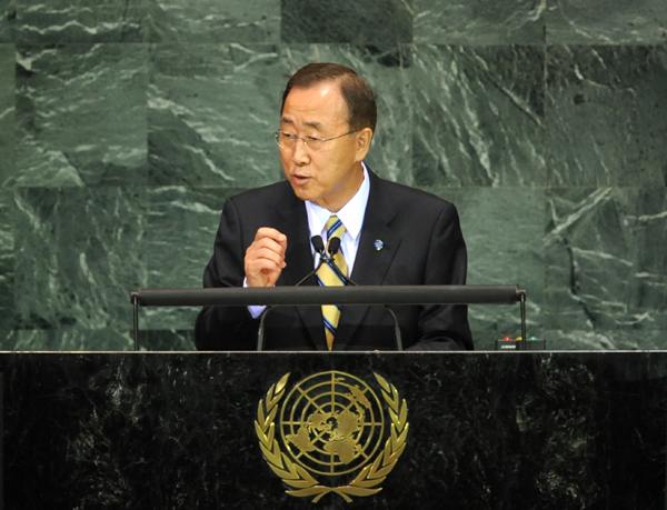 UN Secretary-General Ban Ki-moon addresses the UN Millennium Development Goals (MDG) Summit at the UN headquarters in New York, on Sept. 20, 2010. The UN MDG summit opened on Monday. [Shen Hong/Xinhua]