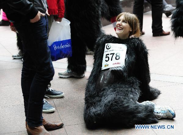 A participant of the Great Gorilla Run takes a rest before the start in London, Britain, Sept. 26, 2010. Hundreds of people, in gorilla costumes, took part in the annual 7km Great Gorilla Run along the River Thames on Sunday to raise money for The Gorilla Organisation, a charity aiming to save the threatened gorilla habitat in Africa. [Xinhua] 