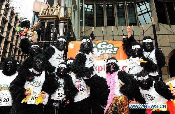 A team participanting the Great Gorilla Run pose before their start in London, Britain, Sept. 26, 2010. Hundreds of people, in gorilla costumes, took part in the annual 7km Great Gorilla Run along the River Thames on Sunday to raise money for The Gorilla Organisation, a charity aiming to save the threatened gorilla habitat in Africa. [Xinhua]