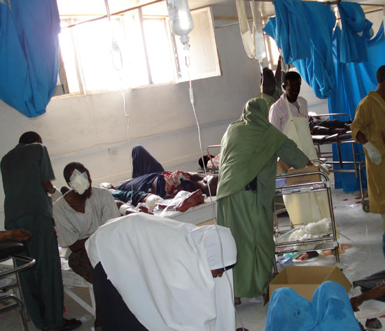 The MSF team set up an additional tent in the hospital compound to accommodate the new influx of patients. Three other tents had previously been set up to manage the overflow from the 59-bed hospital, which received 45 war-wounded people during a single day last week. There are currently 161 people being treated.[MSF] 