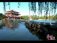 Tang Paradise, or Lotus Garden, is located next to Big Wild Goose Pagoda in Xi'an. It claims to be China's first large-scale royal garden that fully displays the styles and features used during the Tang Dynasty (618-907). [Sarah/China.org.cn] 