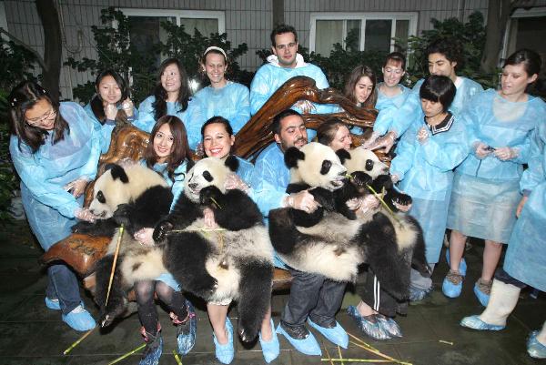 Finalists for 'Project Panda' share moments with four giant pandas at Chengdu Research Base of Giant Panda Breeding in Chengdu, Southwest China's Sichuan province Sept 28, 2010. [Photo/Xinhua]