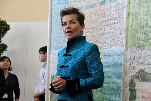 Christiana Figueres, the executive secretary of the UN Framework Convention on Climate Change (UNFCCC), delivers a speech on Monday in Tianjin.[Chinadaily.com.cn]